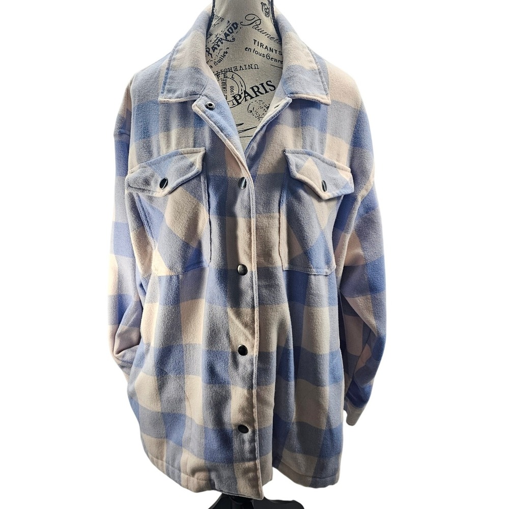 HFX‎ Flannel Shirt Jacket Womens Large Blue Cream Buffalo Plaid Button Up